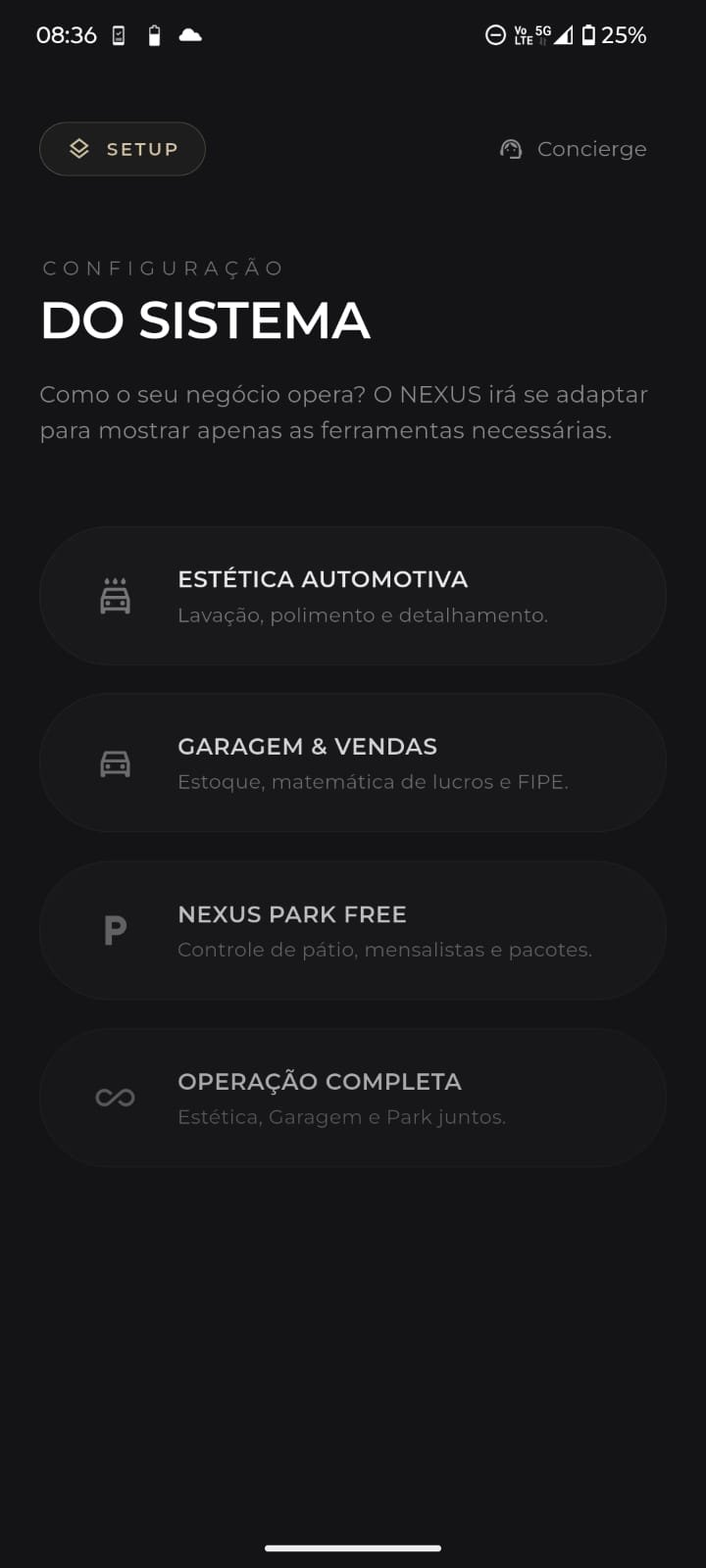 Configuração do sistema por tipo de negócio